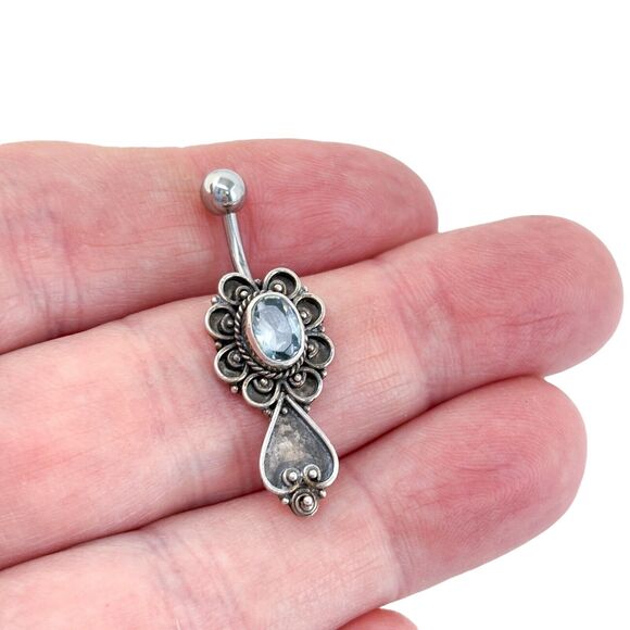 Vintage Sterling Silver 925 Light Blue Glass Belly Button Barbell - Picture 1 of 7